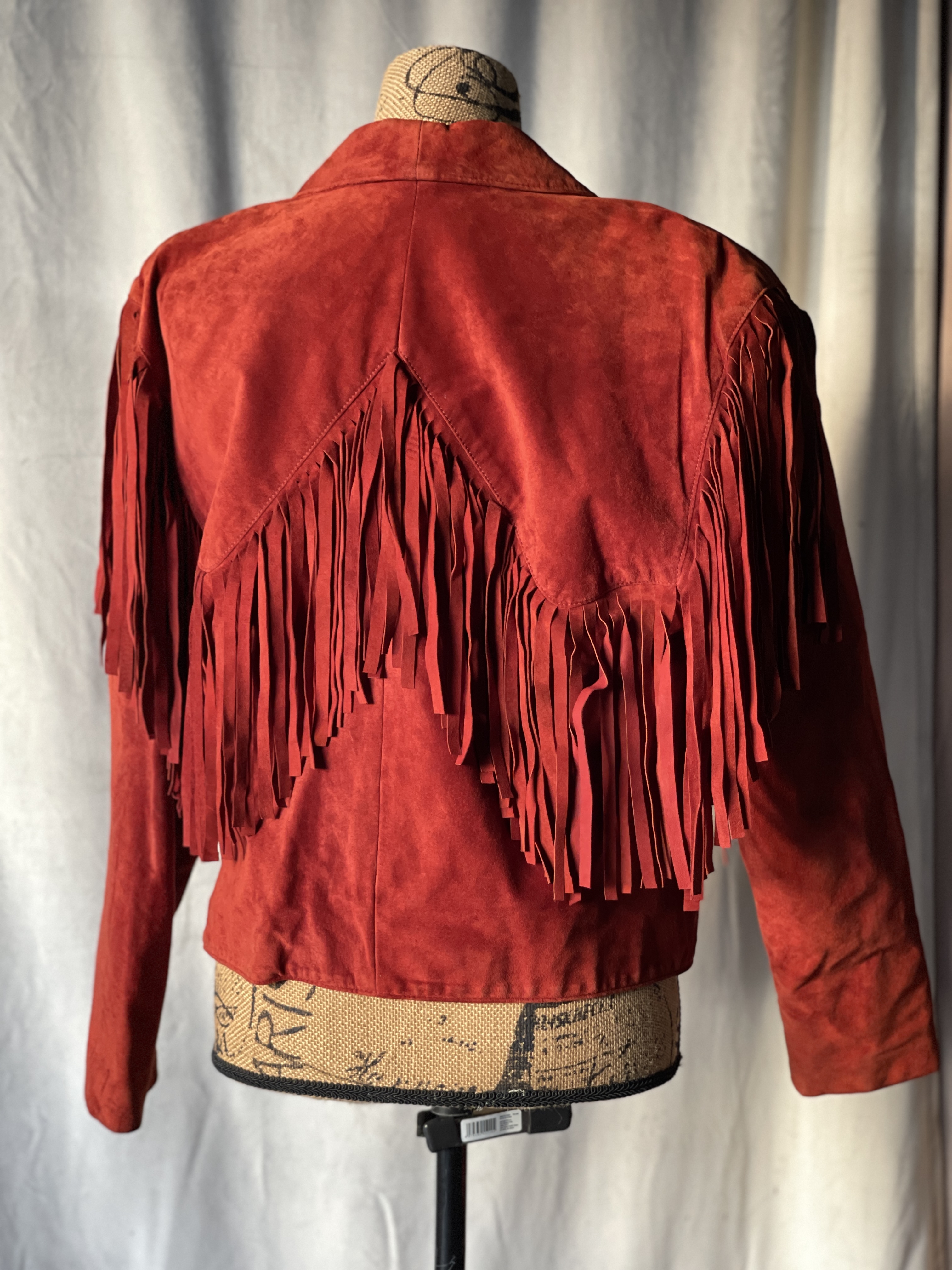vintage 1980s fashion women's leather red fringe jacket rodeo houston livestock show
