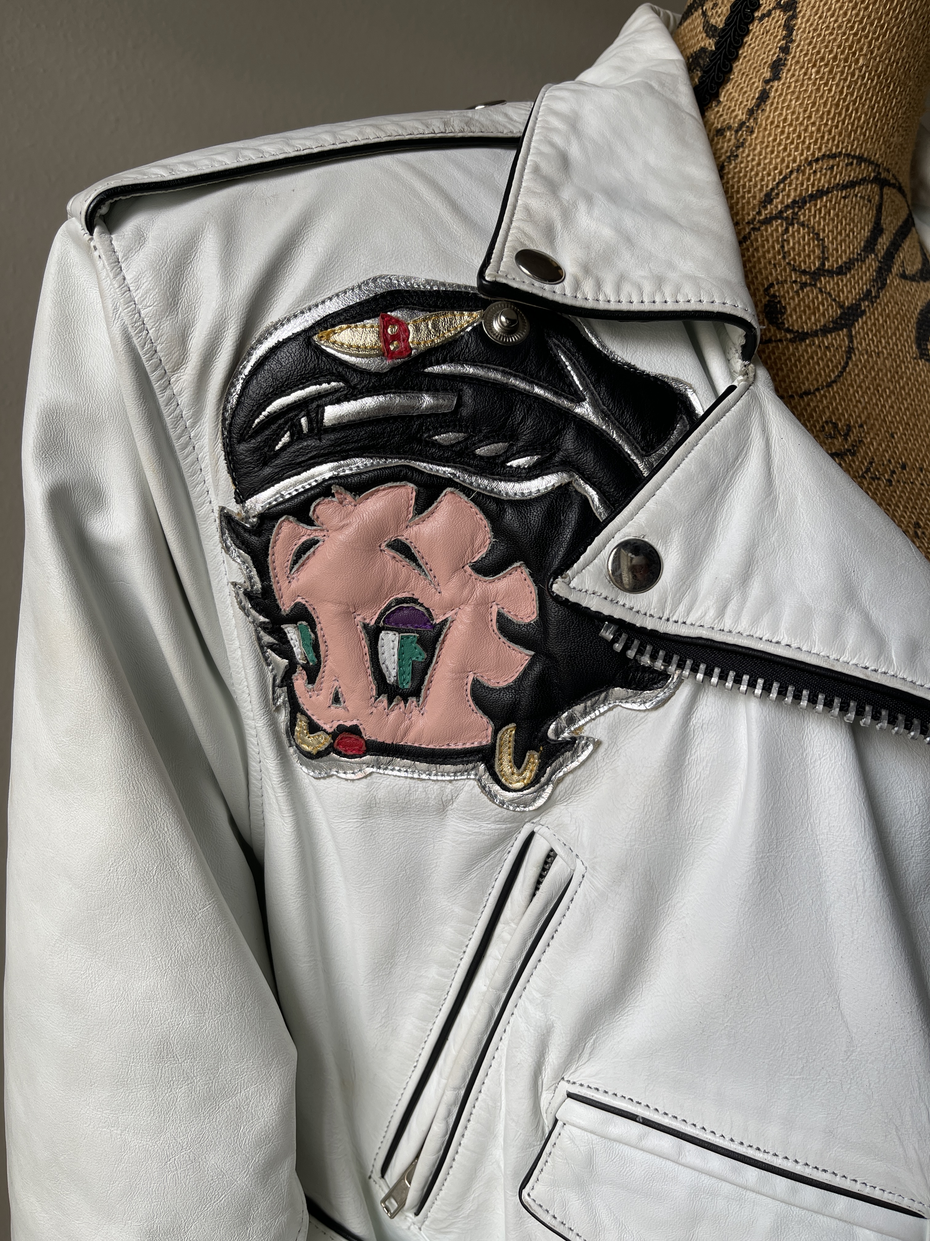 vintage leather motorcycle jacket Betty boop women's white 